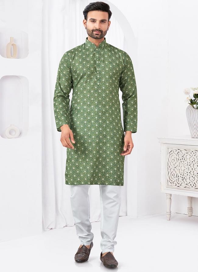 Rayon Cotton Green Ceremonial Wear Printed Readymade Kurta Pajama